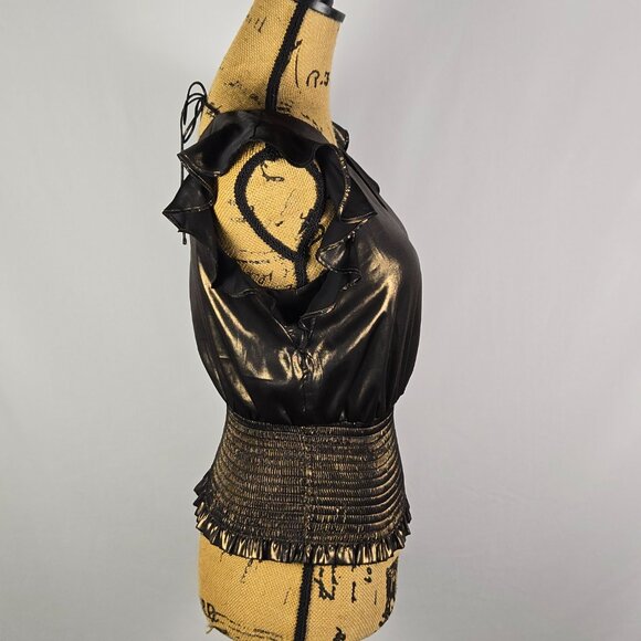 Nine West Womens‎ XS Metallic Black Ruffle Top Smocked Waist Y2K Disco Night Out - Picture 4 of 10